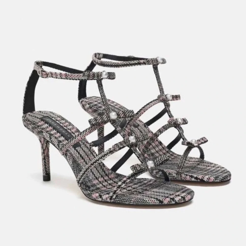ZARA Fashion Checked Purple Black Pearl Heels size 40 bows preppy 9.5
